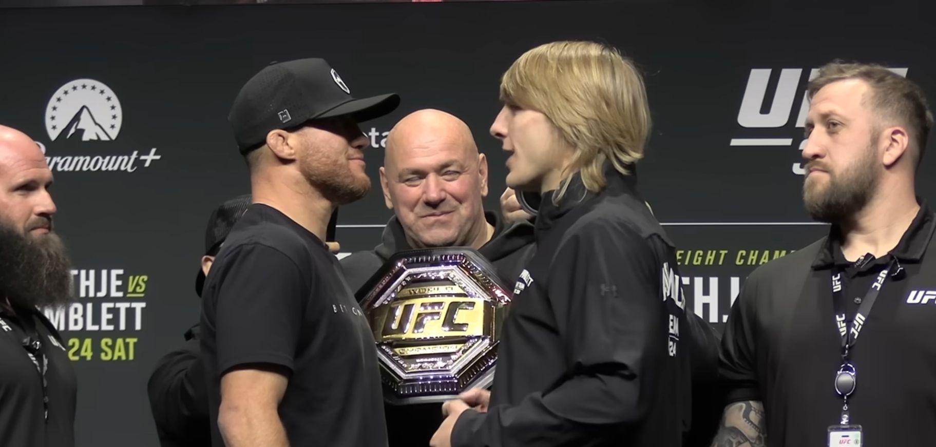 Justin Gaethje and Paddy Pimblett facing off for UFC 324 and Dana White holding the interim belt